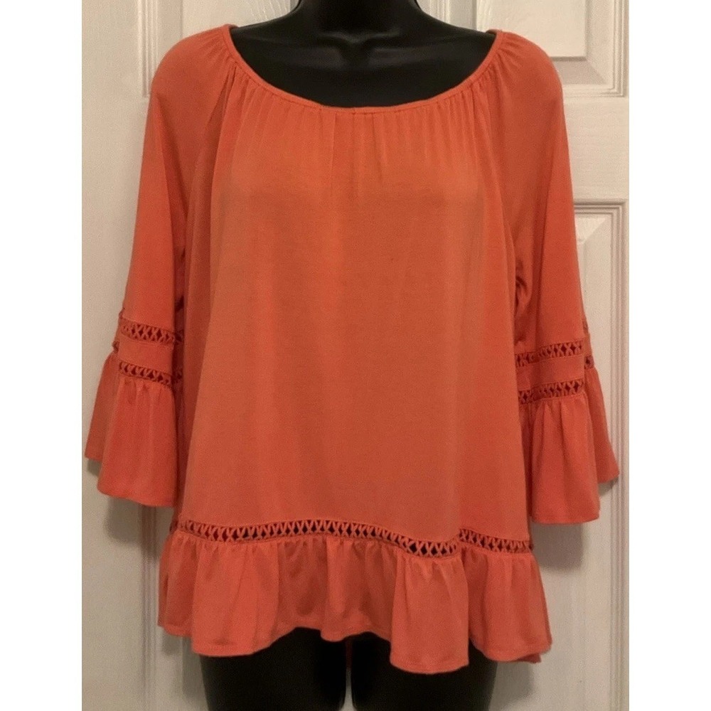 New Directions Womens Coral Orange Boho Top Flowy Peasant Blouse Size Small